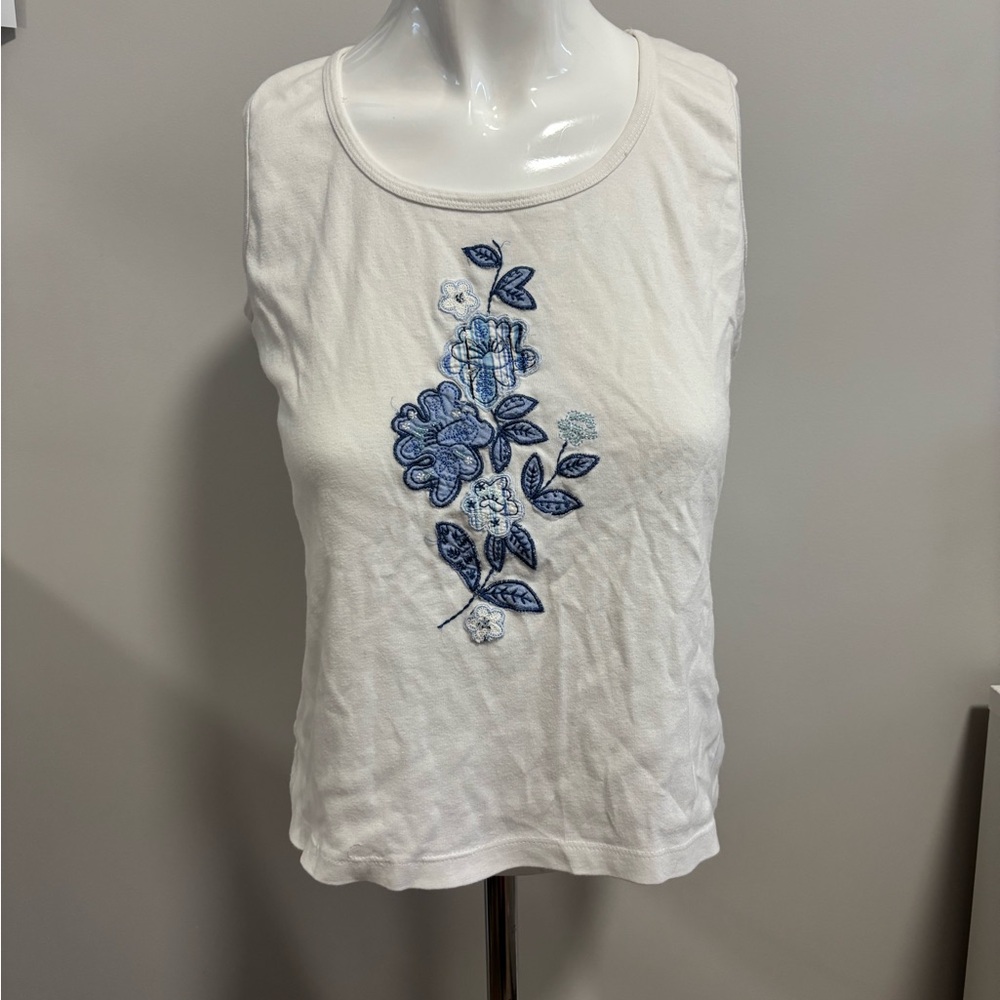 Northern Reflections White Tank Top with Blue Floral Design